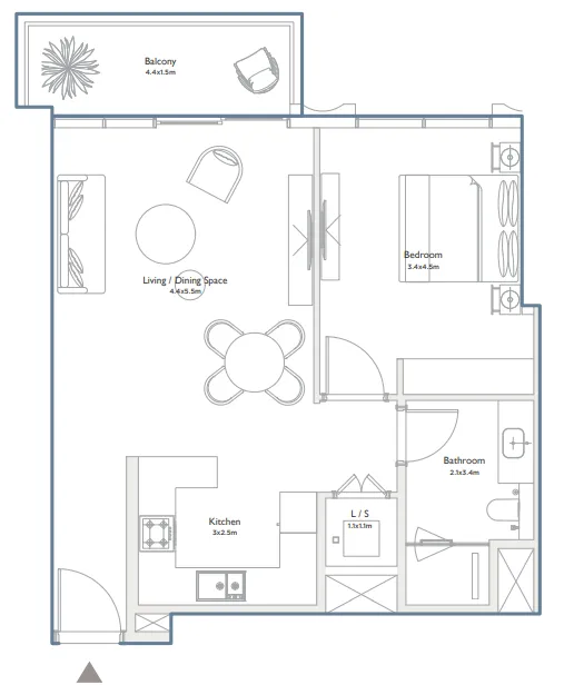 Serenia District West Residence 1 bed floor plan, 836 sqft