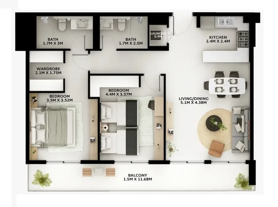Viera Residences 2 bed floor plan, 1,152 sqft