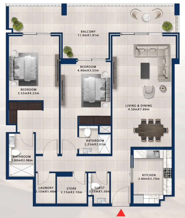 Asayel Avenue 2 bed floor plan, 1,725 sqft