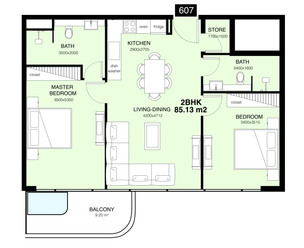 Villa Del Gavi 2 bed floor plan, 1,014 sqft