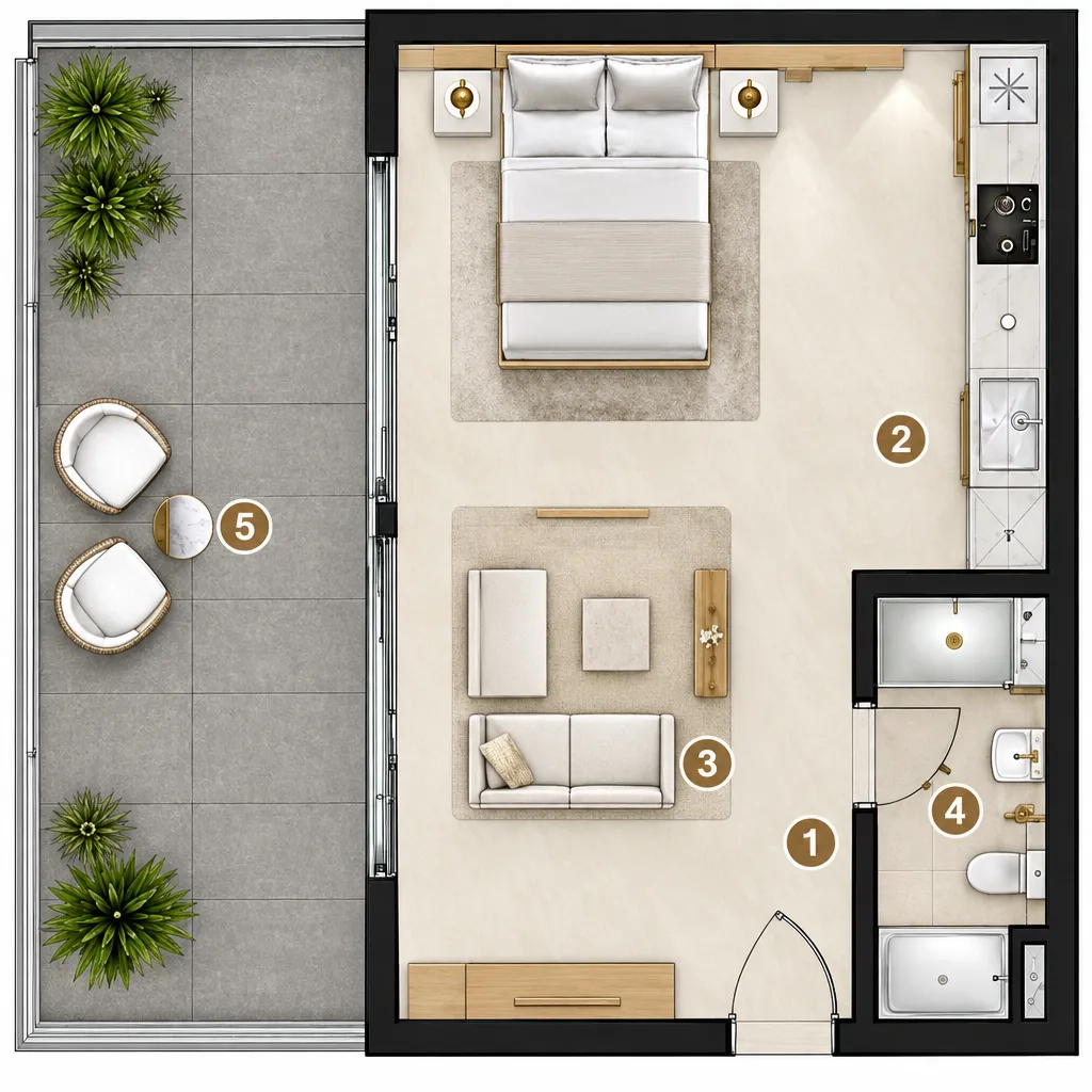 Lenjawi Diamond Studio floor plan, 386 – 435 sqft