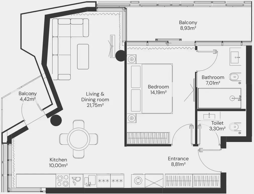 John Richmond District 1 bed floor plan, 844 sqft