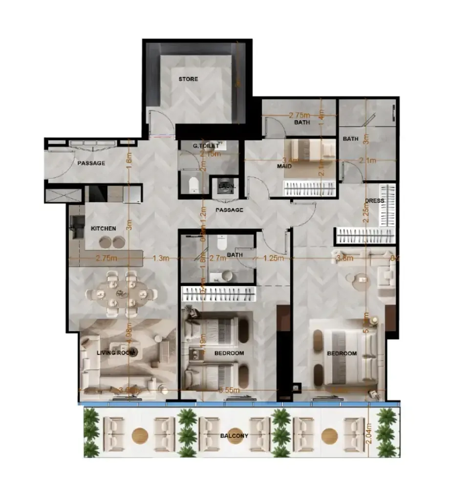 Radiant Terrace 2 bed floor plan, 1,746 sqft