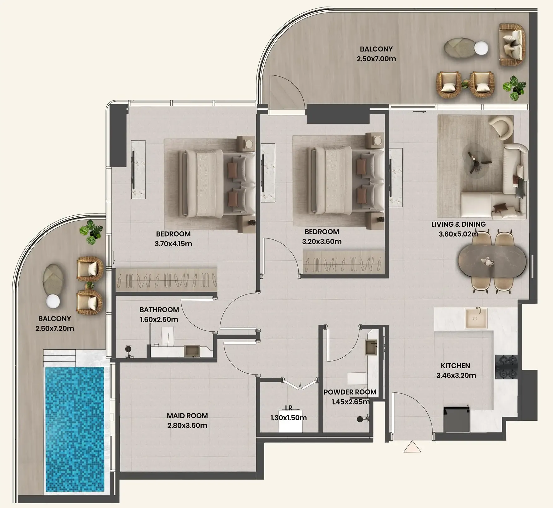 Divine Al Barari 2 bed floor plan, 1,375 sqft