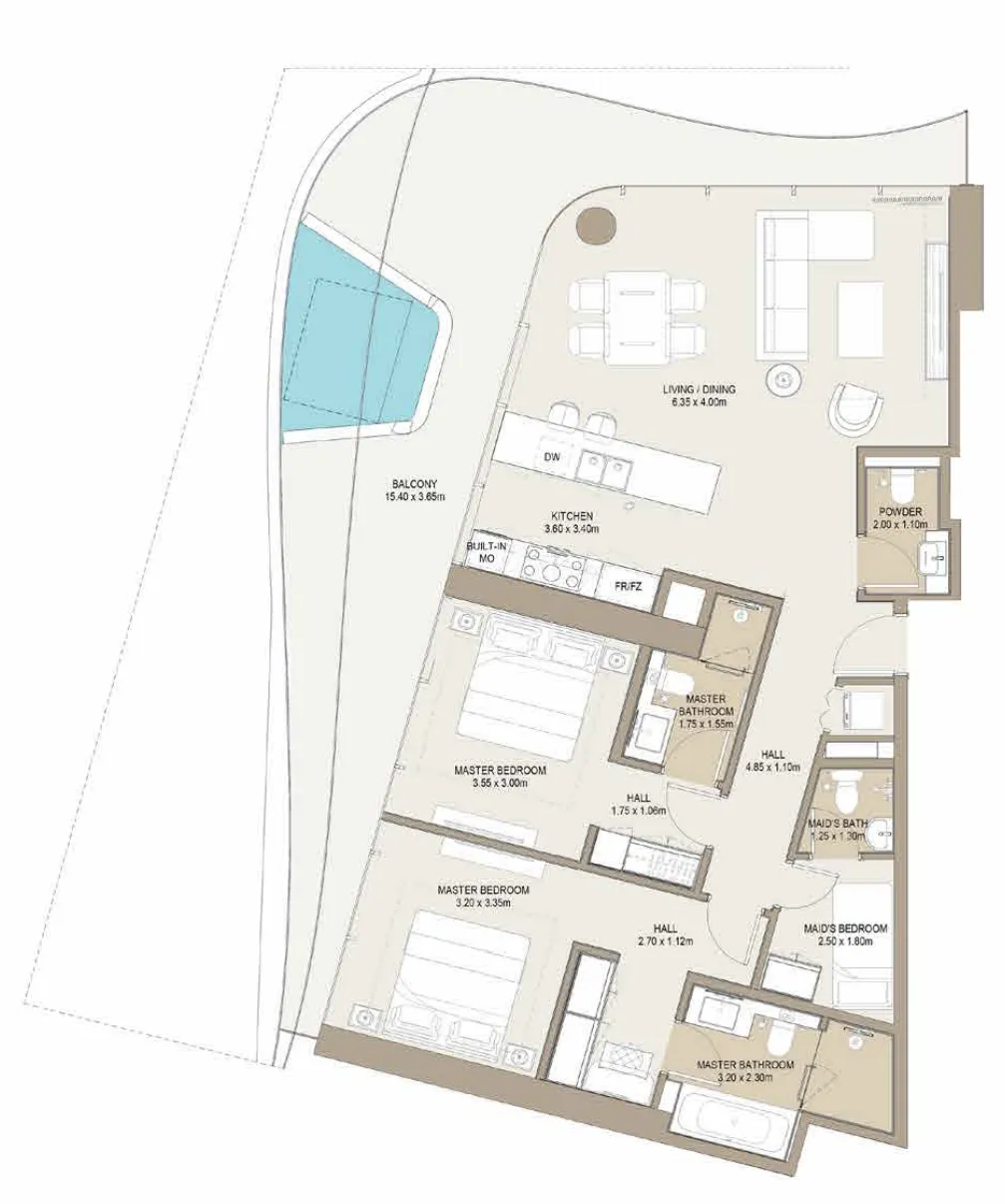 Laguna Residence 2 bed floor plan, 1,653 sqft