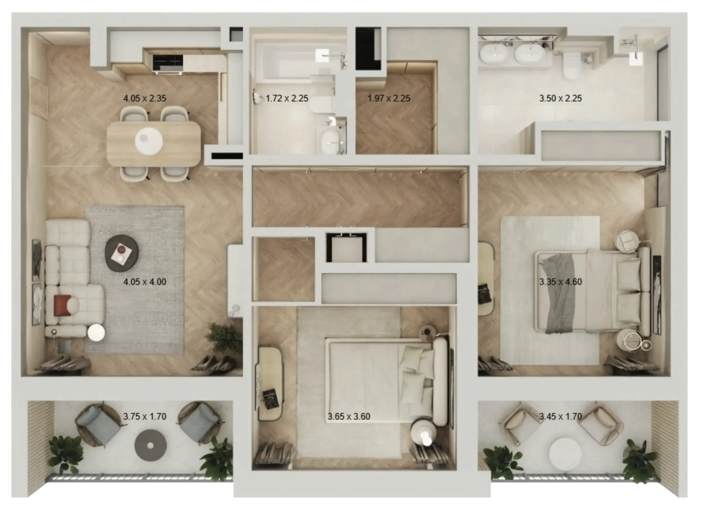 Arisha Terraces 2 bed floor plan, 1,065 sqft