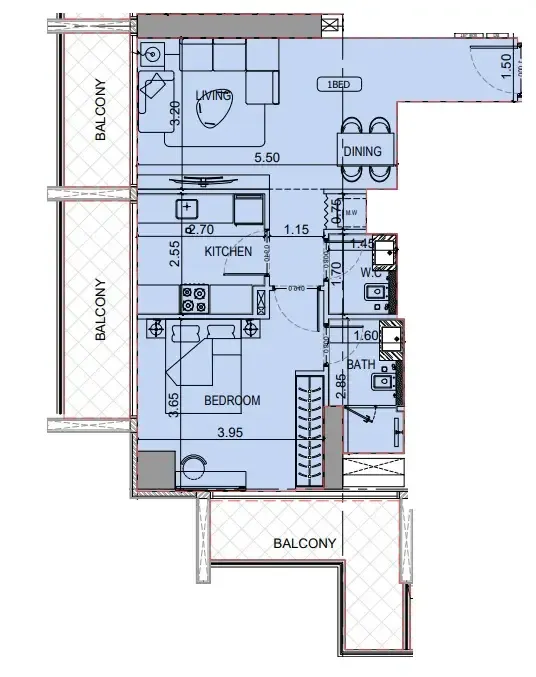 Binghatti Luxuria 1 bed floor plan, 852 sqft