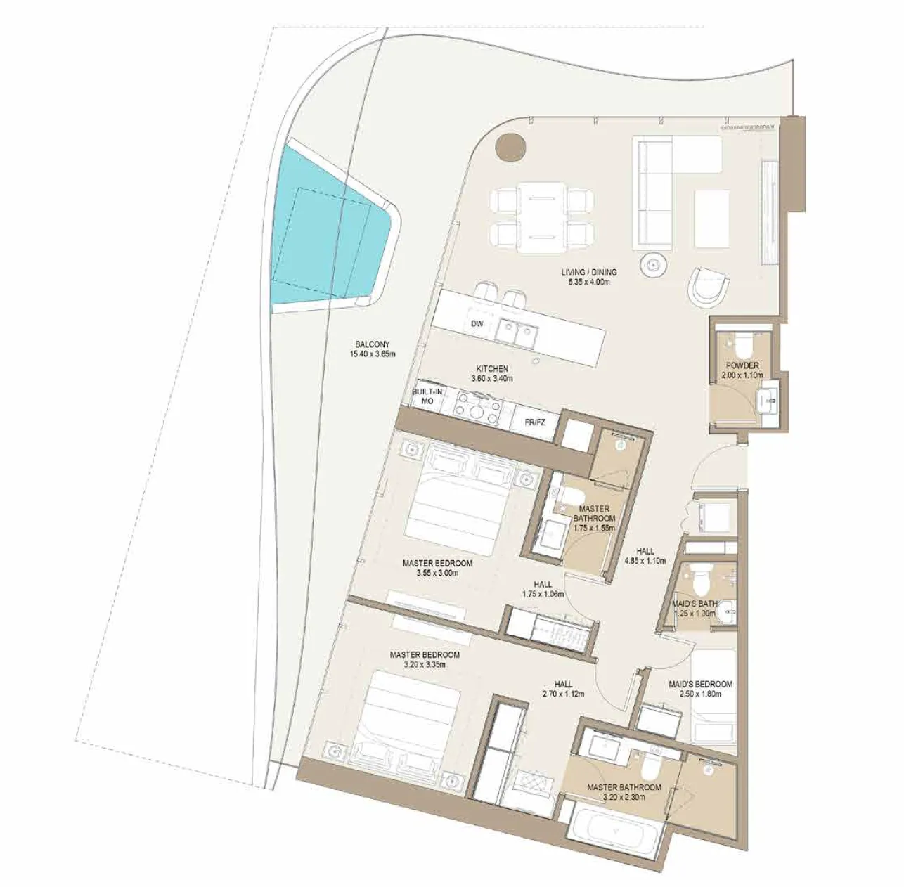 Laguna Residence 2 bed floor plan, 1,629 – 1,707 sqft