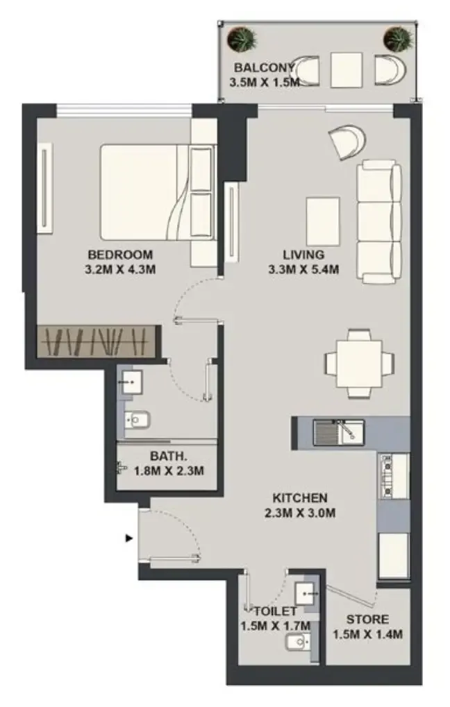 Maison Elysee 1 bed floor plan, 717 sqft