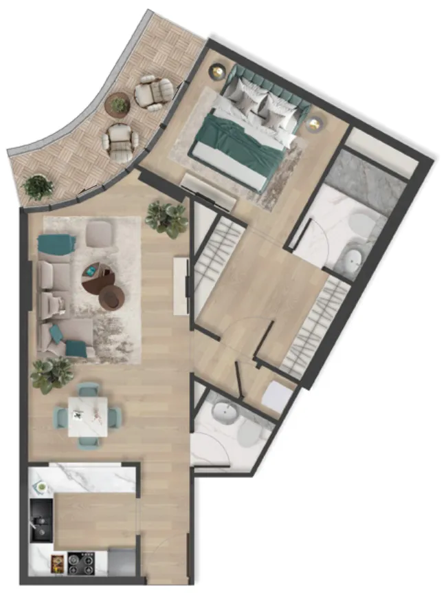 Pelagia 1 bed floor plan, 874 – 876 sqft