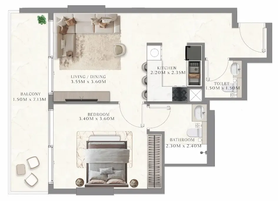 Aum 99 Residences 1 bed floor plan, 538 sqft