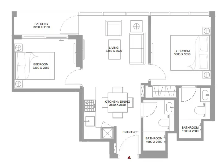 Pearlside Marina Residences 2 bed floor plan, 652 – 653 sqft