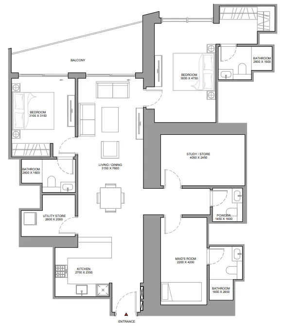 The Horizon at Sobha Central 2 bed floor plan, 1,554 sqft