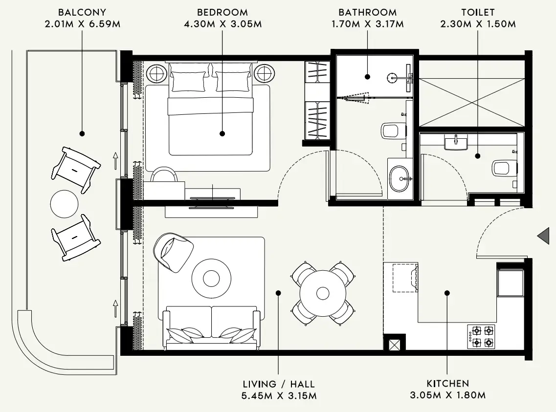 Azizi Venice 1 bed floor plan, 736 sqft