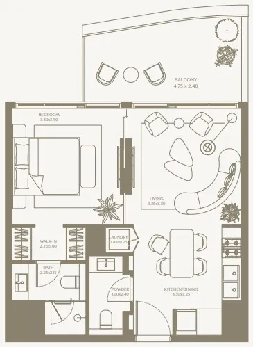 AYA Beachfront Residences 1 bed floor plan, 634 sqft