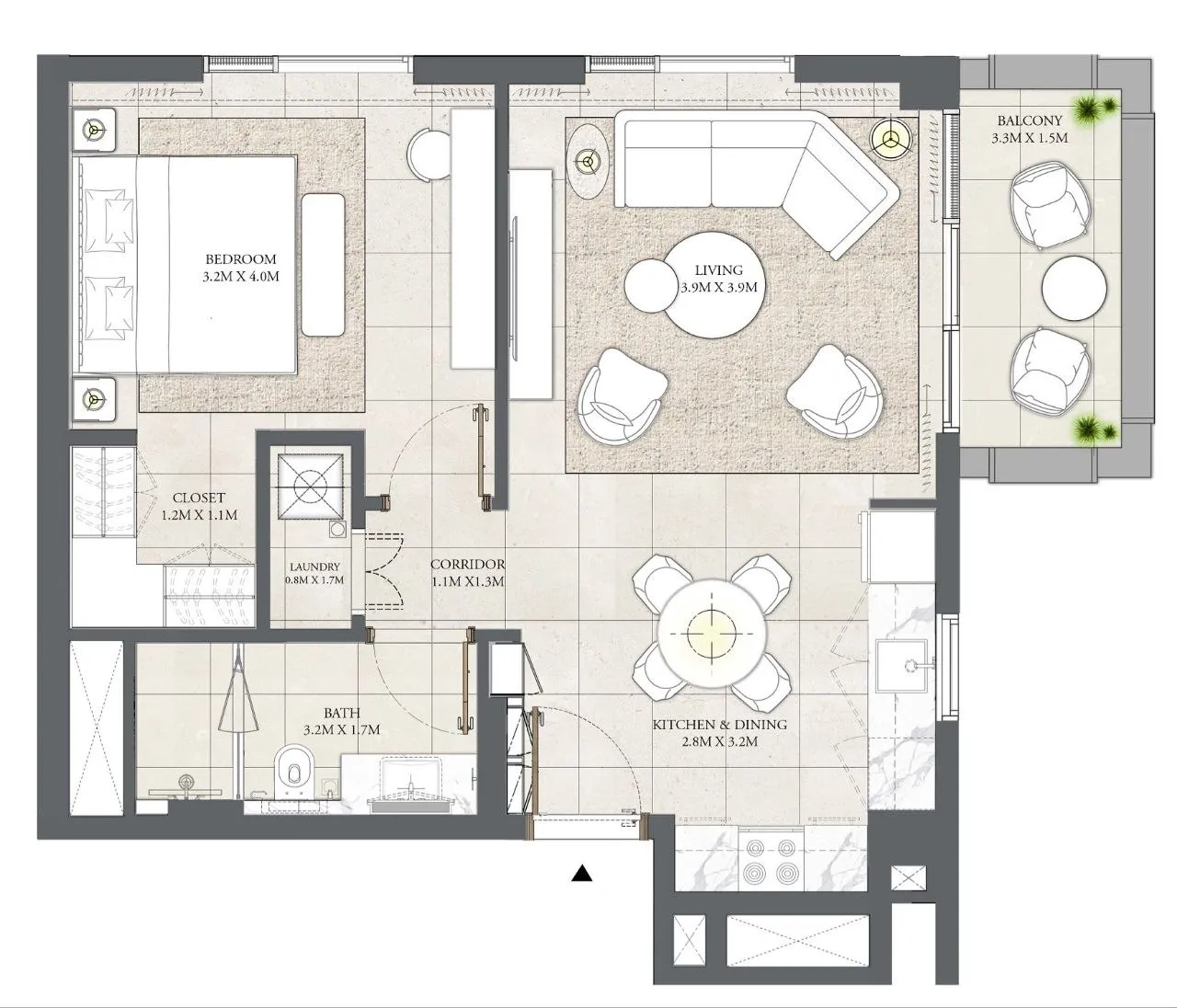 Savanna 1 bed floor plan, 690 sqft