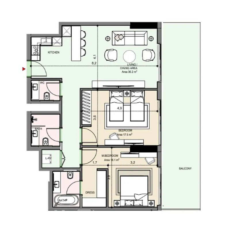 Edgewater Residences 1, 2 and 3 2 bed floor plan, 1,364 sqft