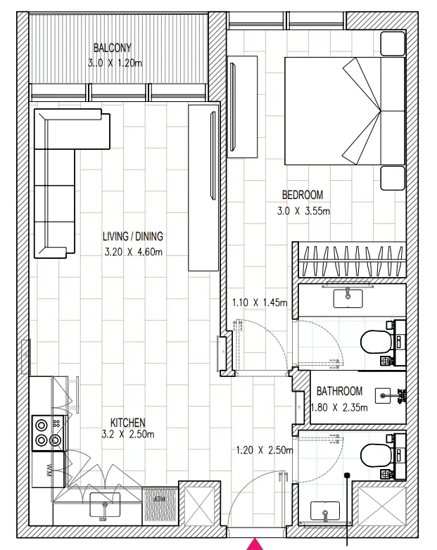 Al Mamsha Sharjah 1 bed floor plan, 593 sqft