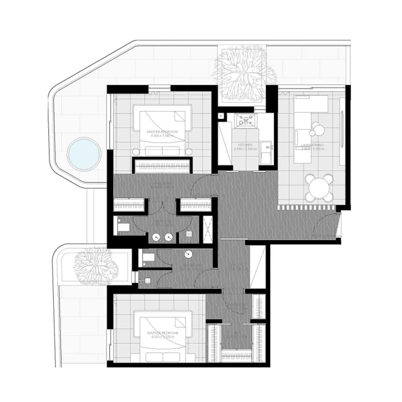 Marea Residences 2 bed floor plan, 1,486 sqft