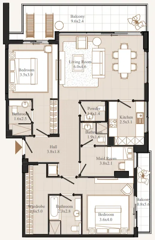 Flamingo LUX 2 bed floor plan, 1,628 sqft