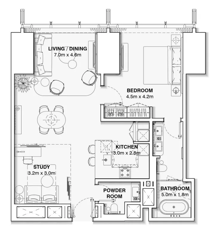Burj Azizi 1 bed floor plan, 985 sqft
