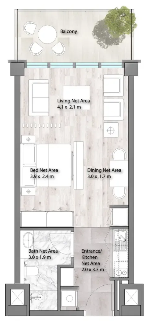 Yas Beach Residence Studio floor plan, 741 sqft