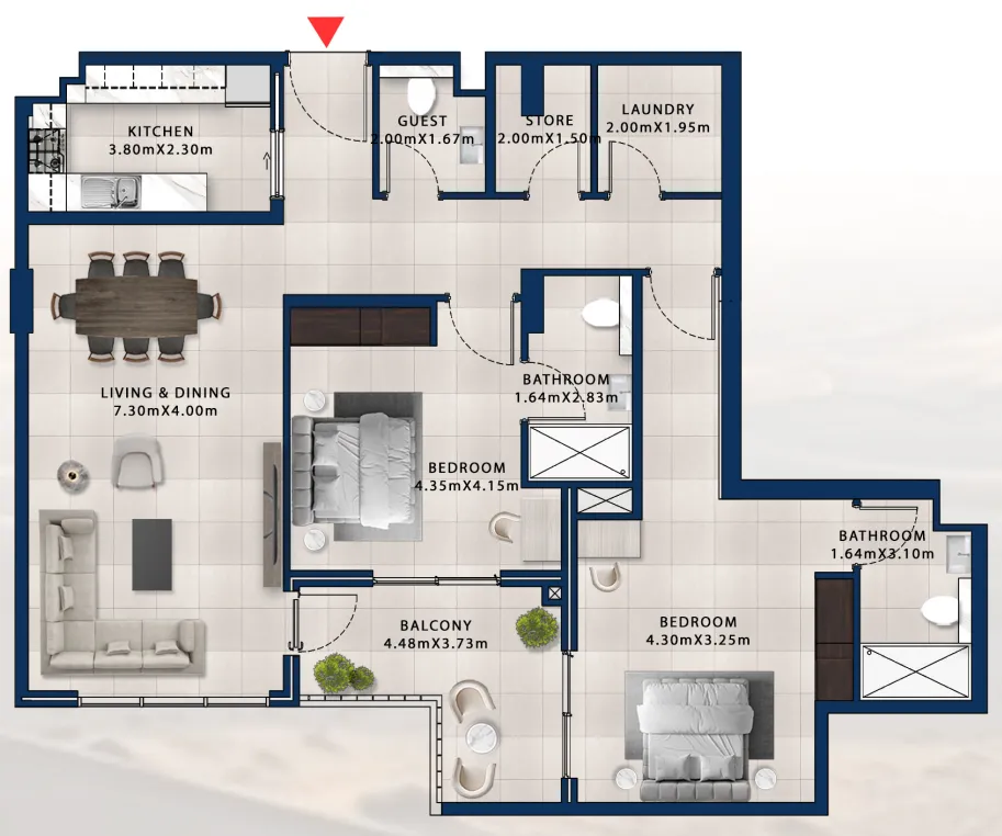 Asayel Avenue 2 bed floor plan, 1,432 sqft