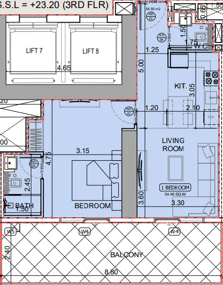 Binghatti Skyhall 1 bed floor plan, 835 sqft