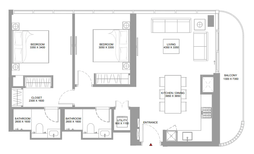 Pearlside Marina Residences 2 bed floor plan, 978 – 988 sqft
