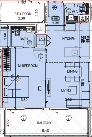 Binghatti Amberhall 1 bed floor plan, 687 sqft