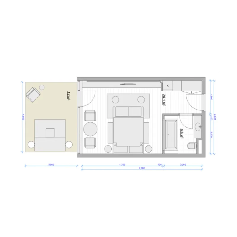 Bloom Hotel Melasti 1 bed floor plan, 308 – 316 sqft