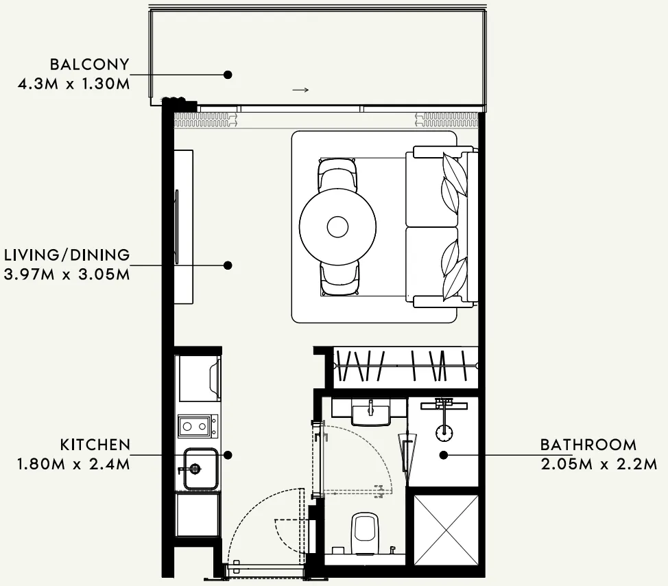 Azizi Milan Studio floor plan, 326 sqft