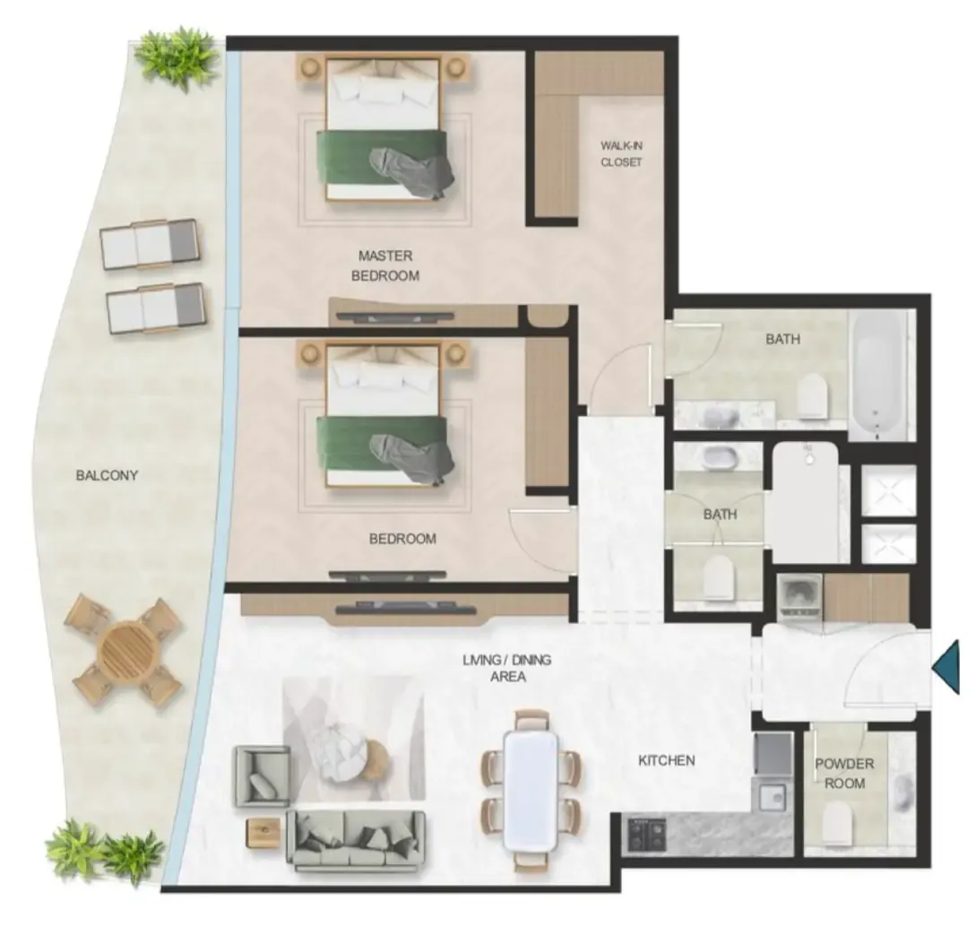 Oystra 2 bed floor plan, 1,302 sqft