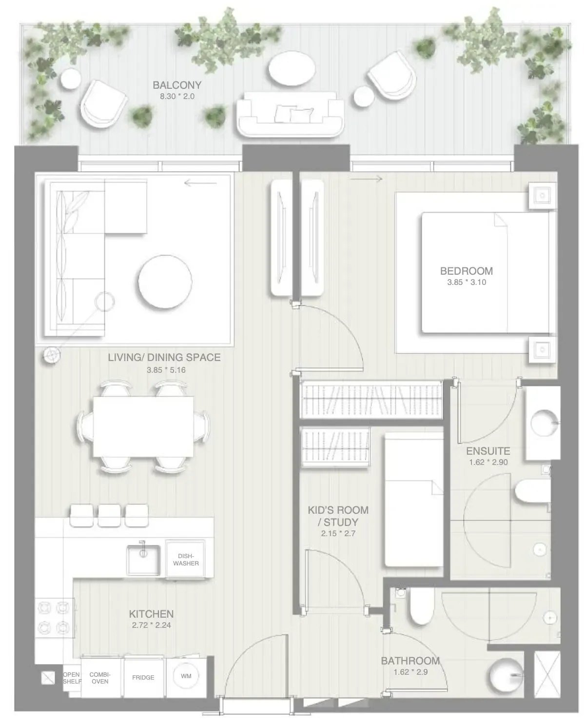 Sol Levante 1 bed floor plan, 883 sqft