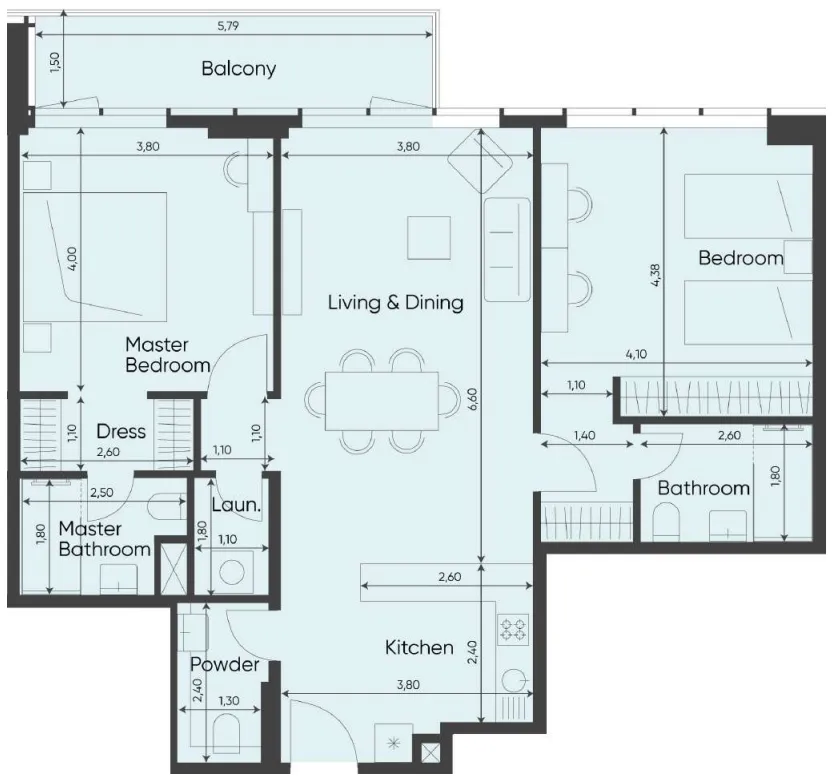 Sea Legend Tower One 2 bed floor plan, 1,155 – 1,157 sqft