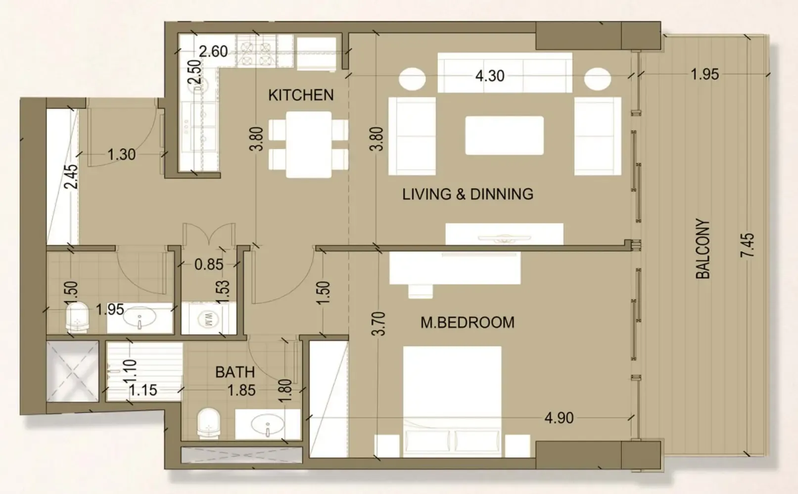 Celia Homes 1 bed floor plan, 849 sqft