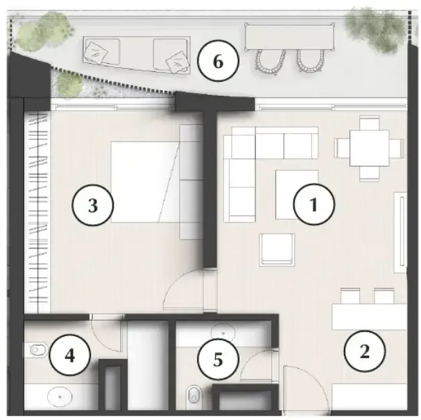 Lunaya Terraces 1 bed floor plan, 863 sqft