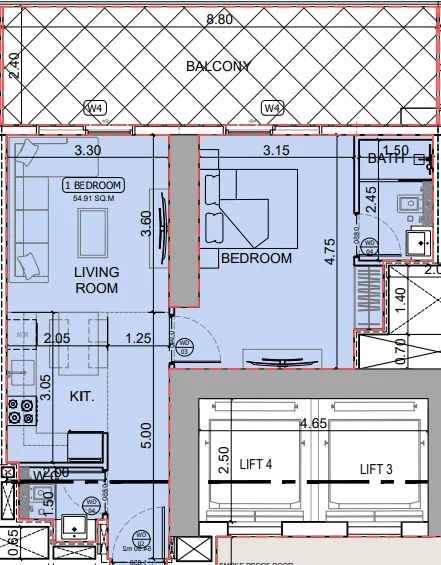 Binghatti Skyhall 1 bed floor plan, 835 sqft