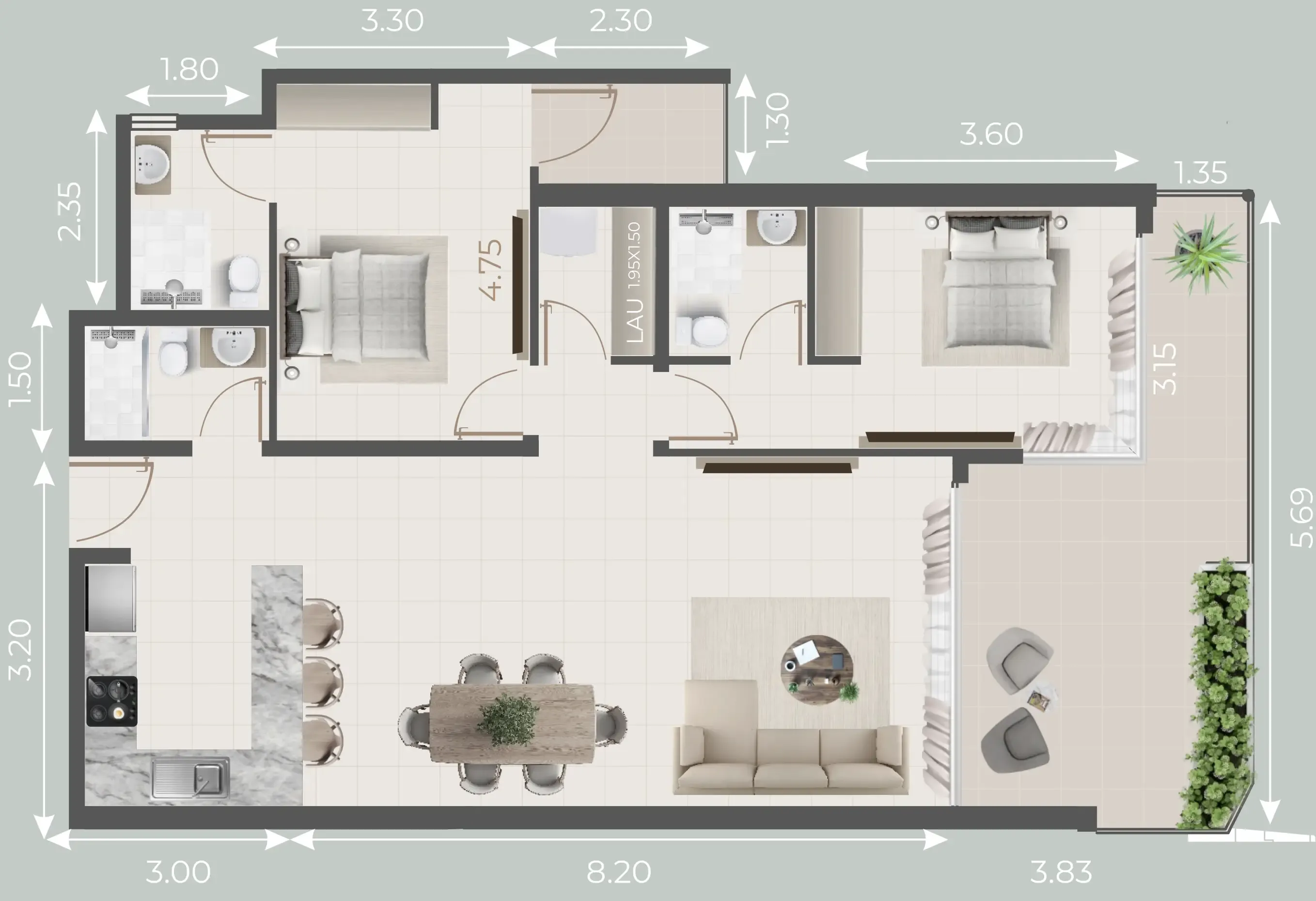 Galleria Residences 2 bed floor plan, 1,243 sqft
