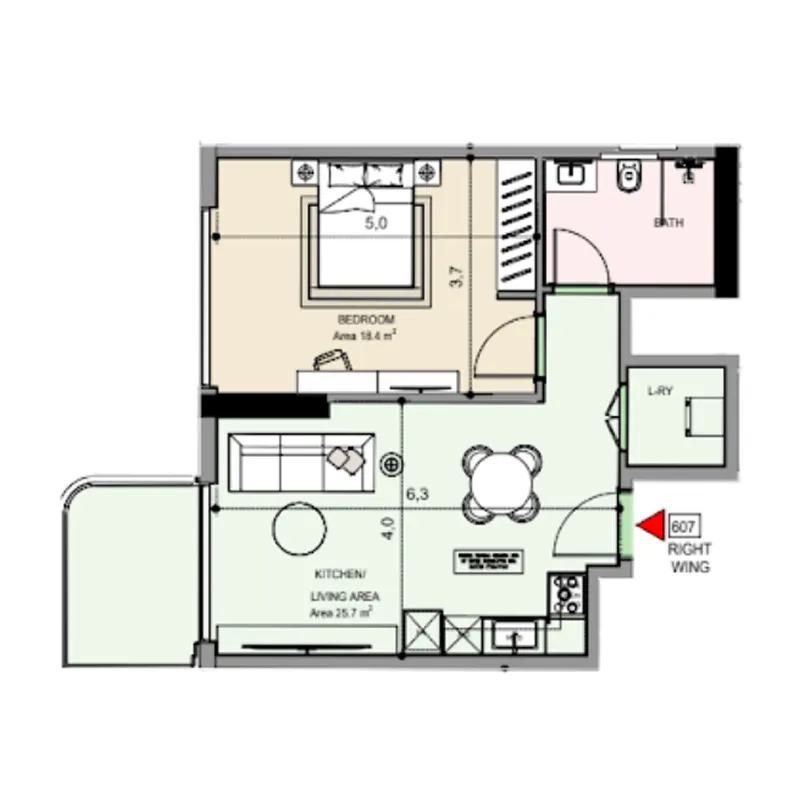 Edgewater Residences 1, 2 and 3 1 bed floor plan, 697 sqft