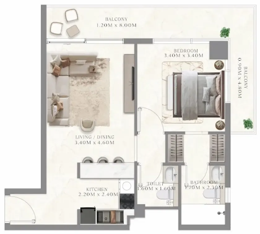 Aum 99 Residences 1 bed floor plan, 554 sqft
