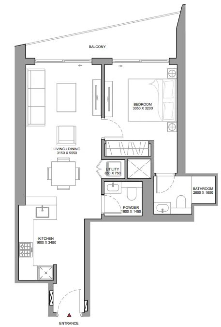 The Horizon at Sobha Central 1 bed floor plan, 744 sqft