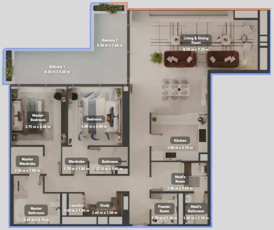Luluat Marina at Luluat Al Raha 2 bed floor plan, 2,043 sqft