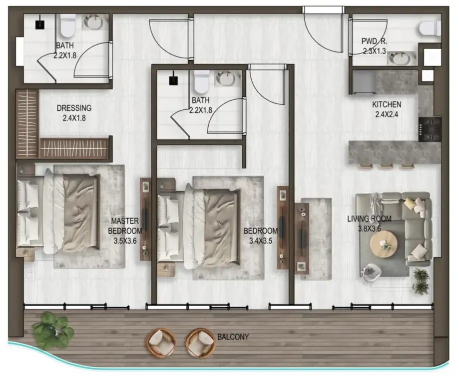 Noore 2 bed floor plan, 1,102 sqft