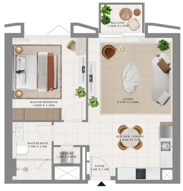 Hillsedge 1 bed floor plan, 708 – 712 sqft
