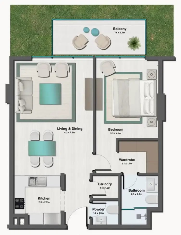 Sereno Residences 1 bed floor plan, 1,039 sqft