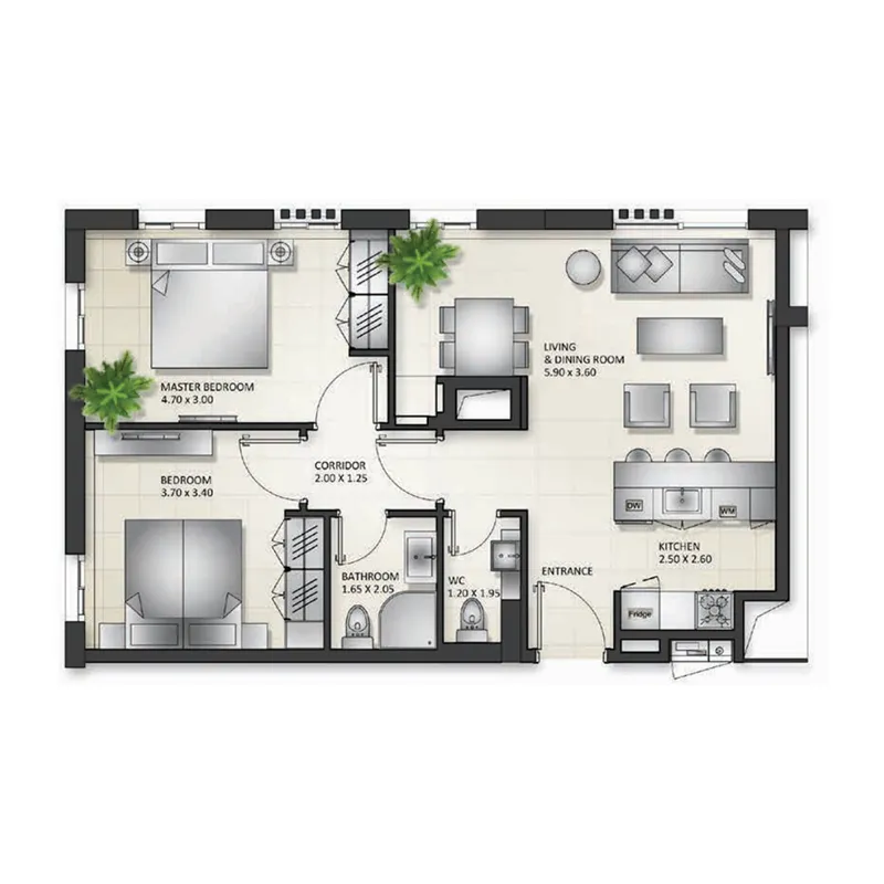 Al Mamsha Sharjah 2 bed floor plan, 1,056 sqft