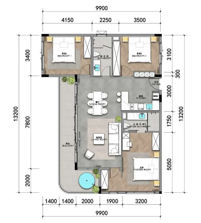 Ayana Heights Seaview Residences 3 bed floor plan, 1,215 sqft