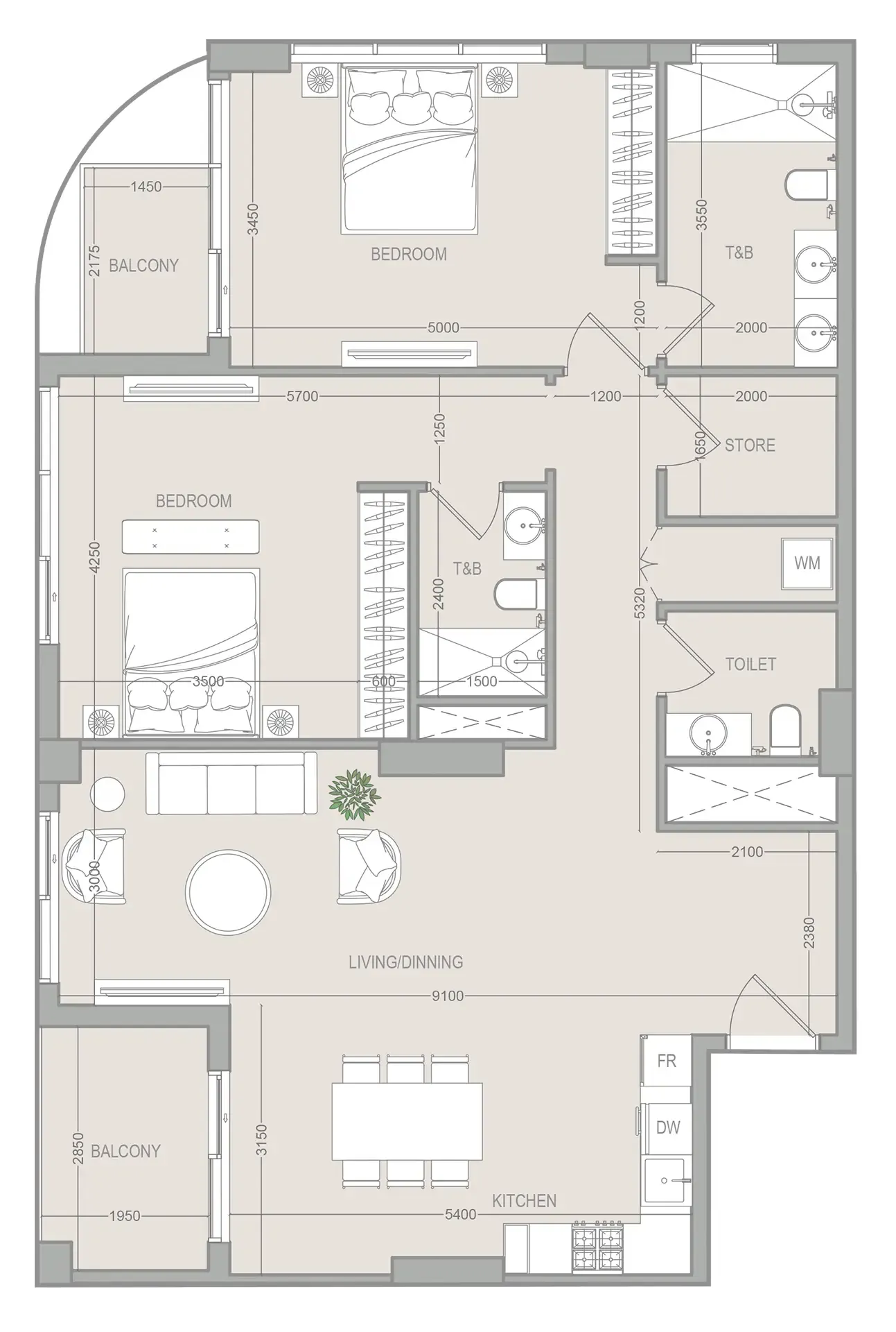 FLU1D ONE 2 bed floor plan, 1,334 sqft