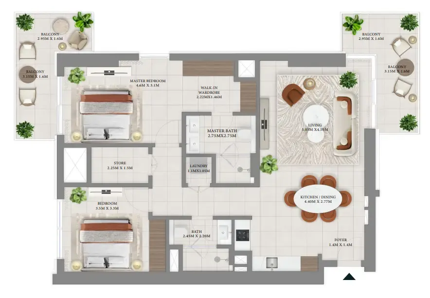 Vida Residences Hillside 2 bed floor plan, 1,327 sqft